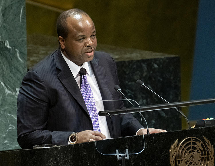 Swazi King Mswati III addresses the United Nations General Assembly in New York on September 25, 2019. Swazi authorities recently detained and harassed journalists writing about the king. (AP/Craig Ruttle)