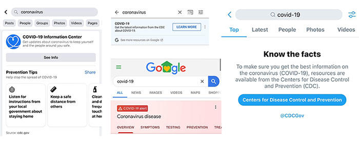 Screenshots of information boxes provided by Facebook, YouTube, Google and Twitter when CPJ conducted a search on these platforms for either the term "coronavirus" or "COVID-19" on mobile on May 6, 2020. (Rebecca Redelmeier/CPJ)