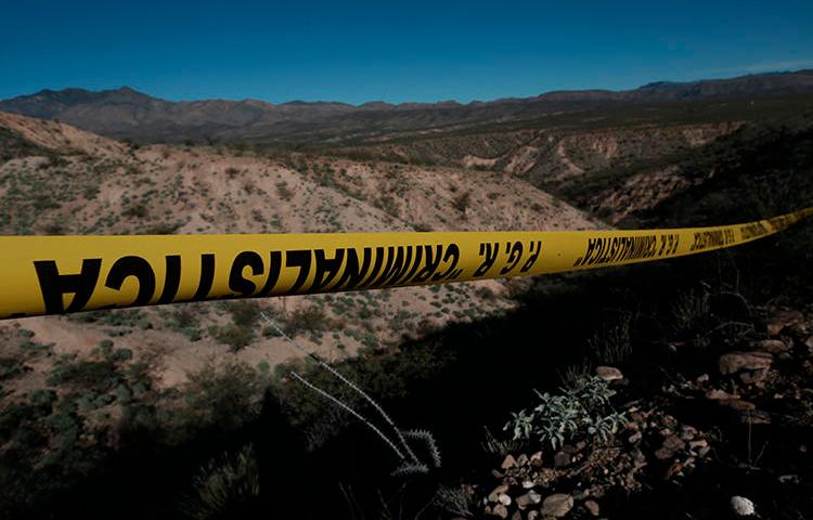 Police tape is seen near Bavispe, Sonora state, Mexico, on January 11, 2020. Journalist Jorge Miguel Armenta Ávalos was recently killed in Sonora state. (AP/Christian Chavez)