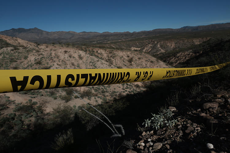 Police tape is seen near Bavispe, Sonora state, Mexico, on January 11, 2020. Journalist Jorge Miguel Armenta Ávalos was recently killed in Sonora state. (AP/Christian Chavez)