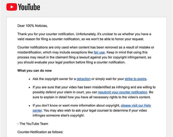 Una captura de pantalla de la notificación de YouTube recibida por el medio independiente nicaragüense de noticias 100% Noticias, luego que el medio apelara un reclamo por derecho de autor presentado por un medio propiedad de la familia del presidente Daniel Ortega. (100% Noticias)