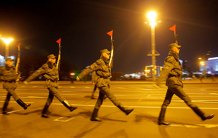 Soldiers are seen in Minsk, Belarus, on April 9, 2020. Security forces recently arrested five journalists for their coverage of an opposition candidate. (Reuters/Vasily Fedosenko)