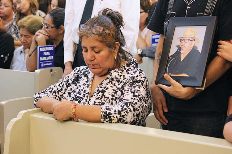 Griselda Triana, the wife of slain journalist Javier Valdez, attends his memorial service at a funeral parlor in Culiacan, In Sinaloa state, Mexico, on May 16, 2017. Triana wrote a letter calling for justice in his case on May 15, 2020, the third anniversary of his murder. (Reuters/Jesus Bustamante)