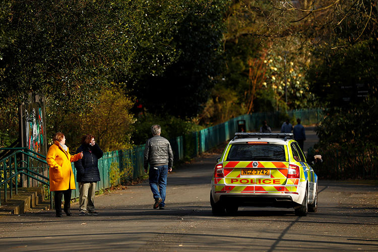 A police car is seen in Belfast, Northern Ireland, on March 26, 2020. Police in Belfast recently warned several journalists of ‘imminent’ attacks against them. (Reuters/Jason Cairnduff)