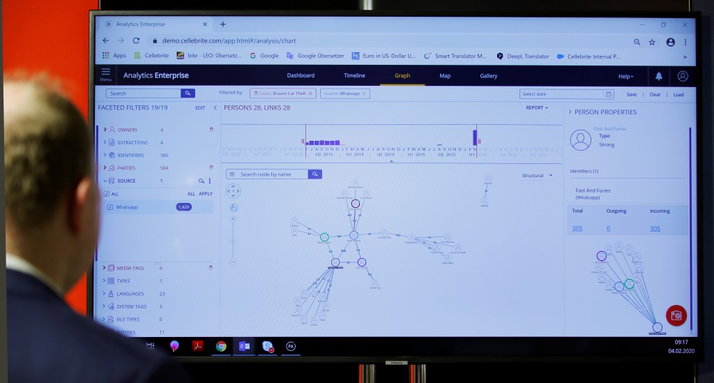 A man examines a large Cellebrite demo screen showing data analysis.