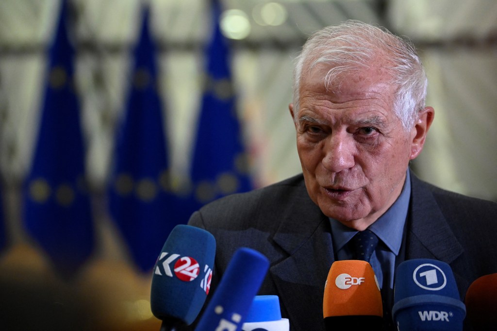 European Union high representative for Foreign Affairs and Security Policy Josep Borrell, shown here speaking to journalists in Brussels in 2023, told the European Parliament on April 23, 2024, that the European External Action Service was ‘appalled’ by the ‘unprecedented’ number of journalists and media workers killed in six months of the Israel-Gaza war. (Photo by John THYS / AFP)