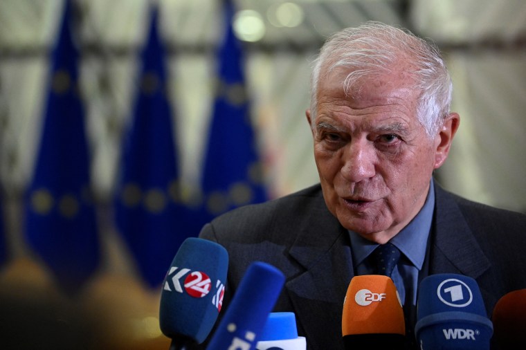 European Union high representative for Foreign Affairs and Security Policy Josep Borrell, shown here speaking to journalists in Brussels in 2023, told the European Parliament on April 23, 2024, that the European External Action Service was ‘appalled’ by the ‘unprecedented’ number of journalists and media workers killed in six months of the Israel-Gaza war. (Photo by John THYS / AFP)