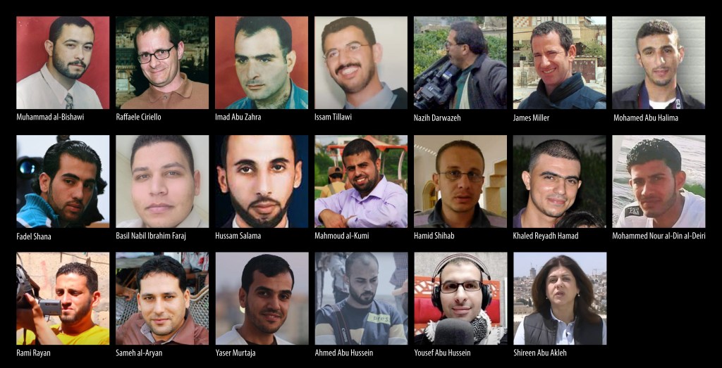 Faces of journalists killed by the Israeli Defense Forces from 2001 to 2022.