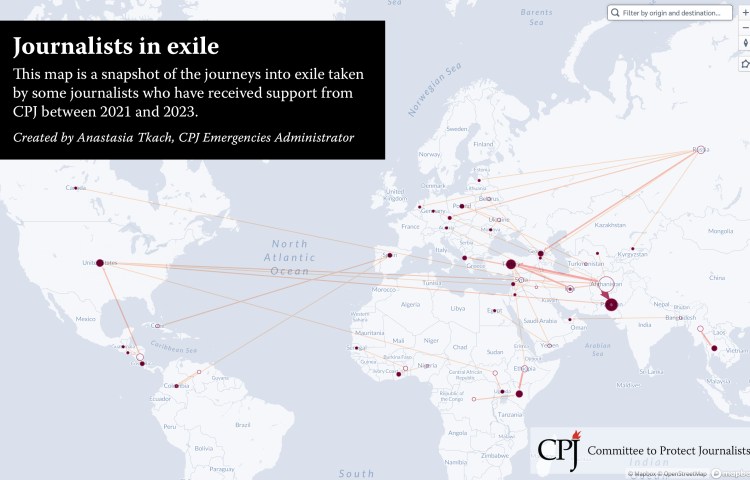 This map is a snapshot of journeys into exile taken by some journalists CPJ helped between 2021 and 2023. (Data and map by CPJ Emergencies Administrator Anastasia Tkach)