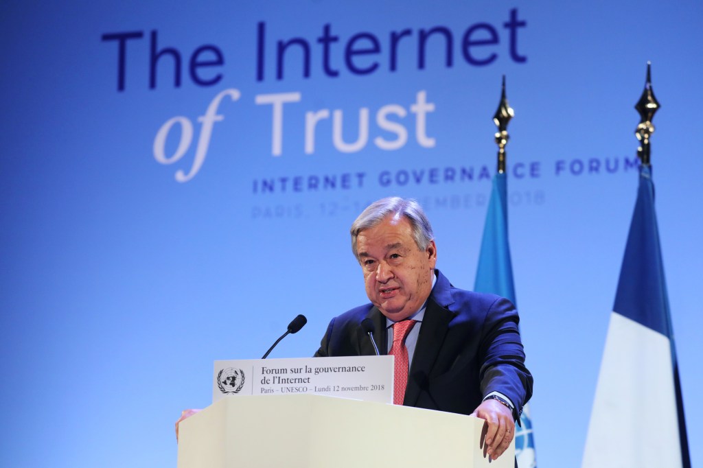 U.N. Secretary-General Antonio Guterres delivers a speech during the Internet Governance Forum in Paris, France, on November 12, 2018.