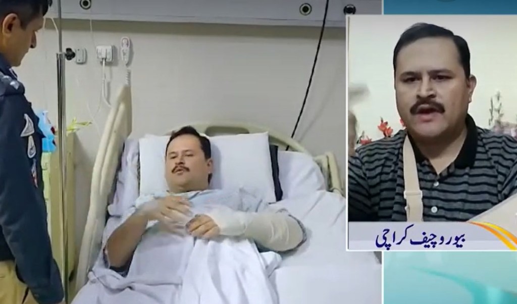 Shoaib Burni, Suno News bureau chief in Karachi, talking to a police officer in a hospital (left) and on the Suno Pakistan show following a shooting incident on January 14, 2024.