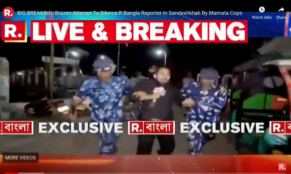 Journalist Santu Pan of Republic Bangla is arrested by police live on air in Sandeshkhali, West Bengal, on February 19, 2024.