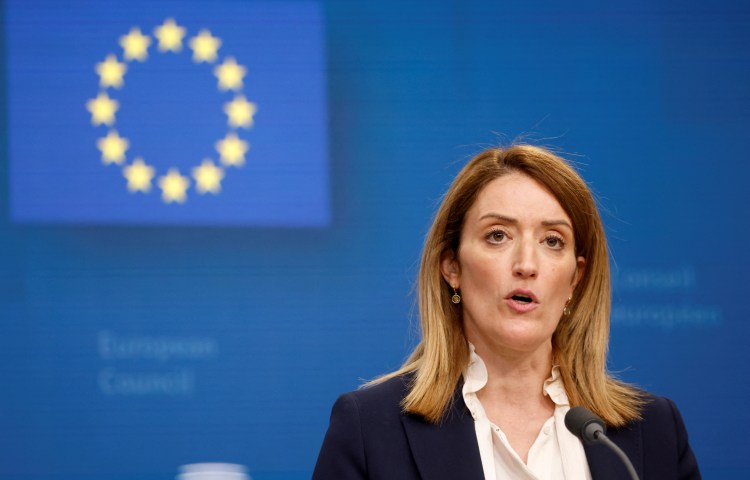 President of the European Parliament Roberta Metsola speaks in Brussels, Belgium on February 1, 2024.