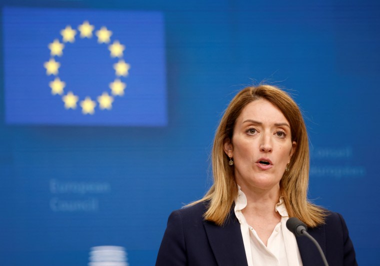 President of the European Parliament Roberta Metsola speaks in Brussels, Belgium on February 1, 2024.