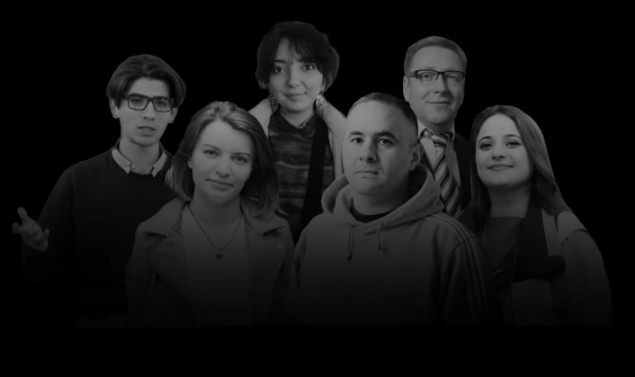 Abzas Media's Mahammad Kekalov, (left) Sevinj Vagifgizi, Elnara Gasimova, Ulvi Hasanli, Hafiz Babali, and Nargiz Absalamova.