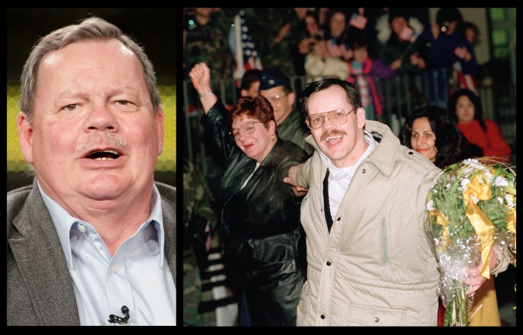 Terry Anderson (left) at a 2011 panel discussion and in Germany with his sister in 1991, one day after being freed by his abductors in Lebanon, where he was held captive for almost seven years. (Photos (left to right): Getty Images via AFP/Frederick M. Brown, AP/Thomas Kienzle)