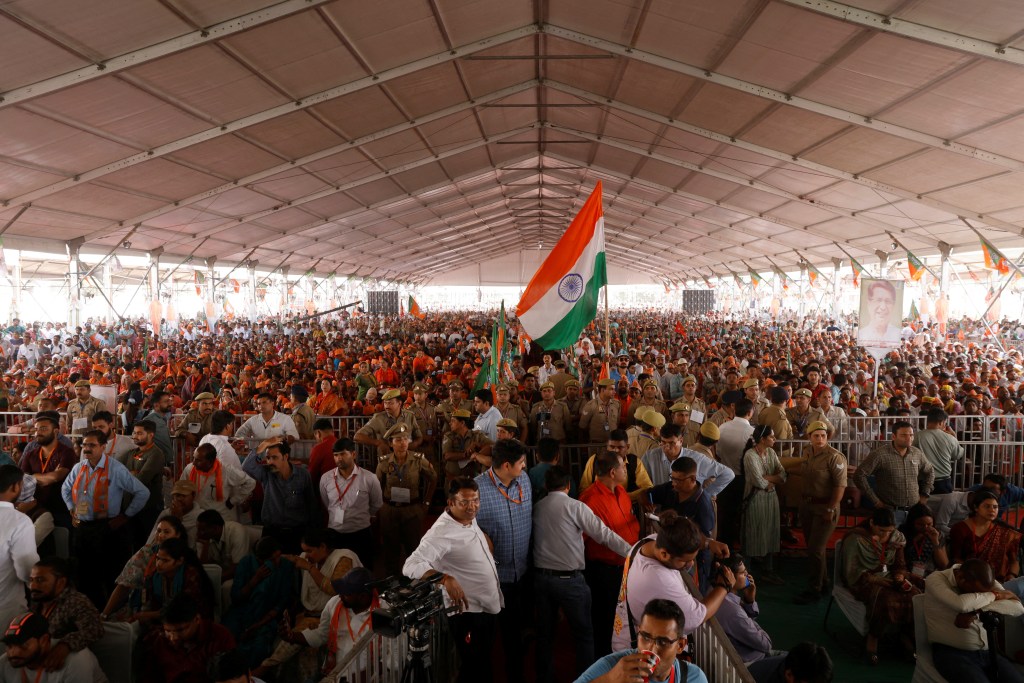 Supporters of Prime Minister Narendra Modi attend an election campaign rally in Meerut, India, on March 31, 2024.