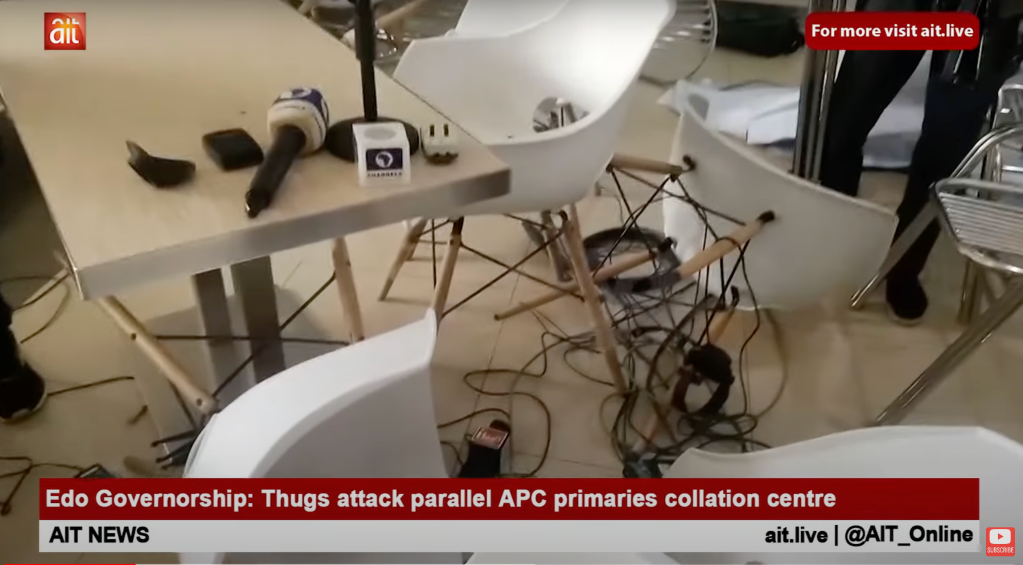 Journalists' damaged and abandoned equipment is seen at a hotel after unidentified men disrupted vote counting in Edo State on February 17.