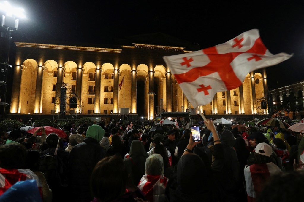 Demonstrators protest a bill on "foreign agents" near the Georgian Parliament building in Tbilisi, Georgia, on May 13, 2024. (Photo: Reuters/Irakli Gedenidze)