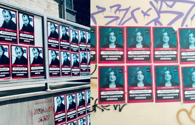 Unknown people put posters outside the offices of Gela Mtivlishvili, editor-in-chief of the independent website Mountain News, (left) and Nino Zuriashvili, head of documentary-maker Studio Monitor, denouncing them as 'foreign agents.' (Photos: Georgian News, Studio Monitor)