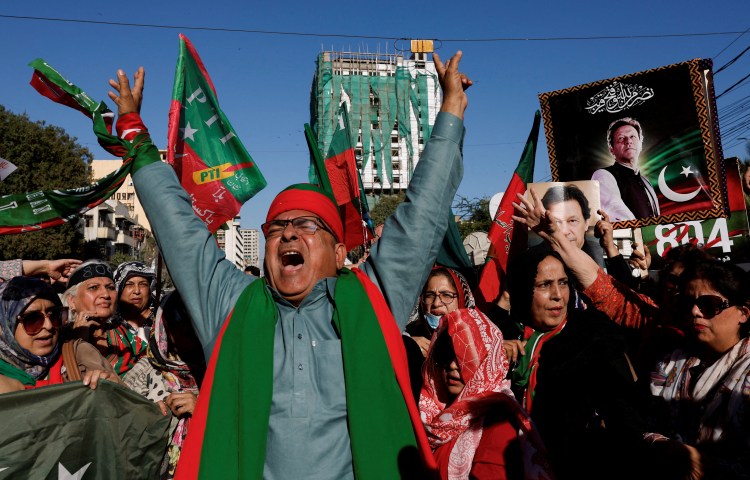 Pakistan remains politically volatile after a February election led to the formation of a coalition government. Pictured here on February 17, 2024, supporters of former Prime Minister Imran Khan's party chant slogans as they gather during a protest demanding free and fair results of the elections, outside the provincial election commission office in Karachi. (Photo: REUTERS/Akhtar Soomro)