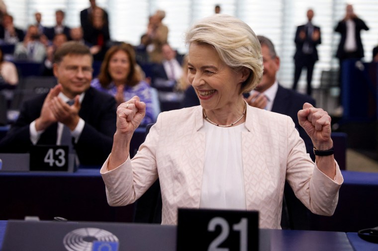 Ursula von der Leyen reacts after being chosen President of the European Commission for a second term, at the European Parliament in Strasbourg, France, July 18.