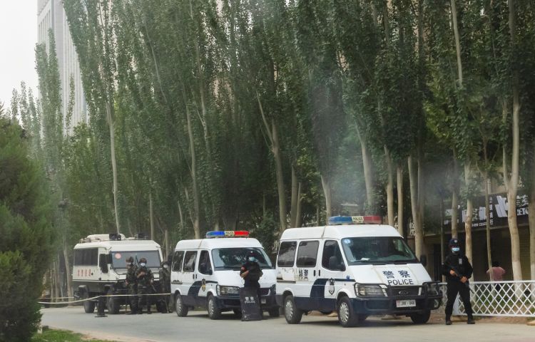 Three police vans with at least five officers sit on a tree-lined street.