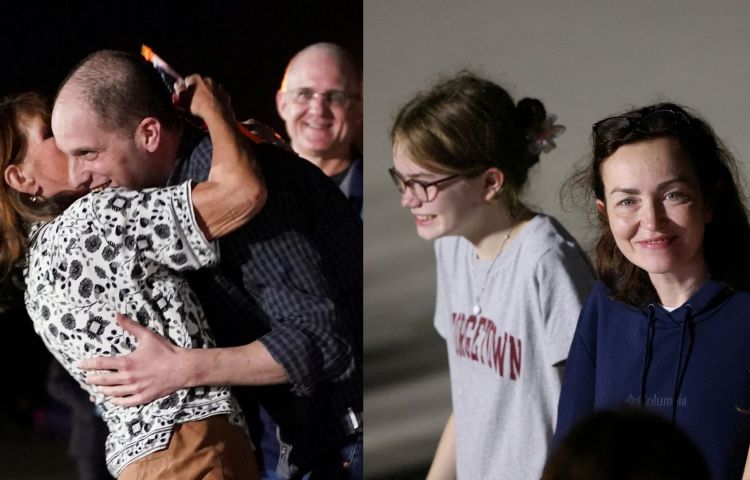 Reunited: Journalists Evan Gershkovich (left) and Alsu Kurmasheva (center-right) were reunited with their families on August 1, 2024, after Russia released them as part of a prisoner exchange. (Photos: Reuters)