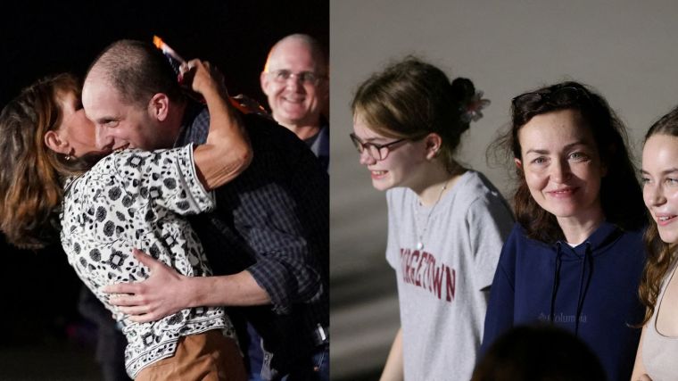 Reunited: Journalists Evan Gershkovich (left) and Alsu Kurmasheva (center-right) were reunited with their families on August 1, 2024, after Russia released them as part of a prisoner exchange. (Photos: Reuters)