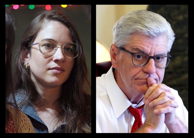 Mississippi Today reporter Anna Wolfe won the 2023 Pulitzer Prize for her reporting on a welfare scandal. Two days later, former Mississippi Gov. Phil Bryant started a number of legal actions that could endanger reporters' First Amendment rights. (Photos: AP/Rogelio V. Solis - left and right)