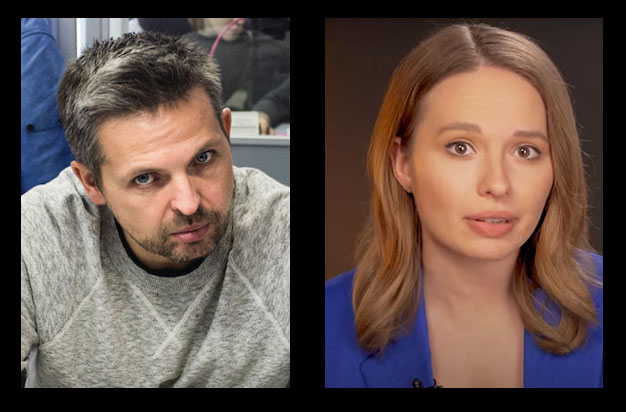 Exiled Russian journalists Roman Badanin (left) and Valeria Ratnikova