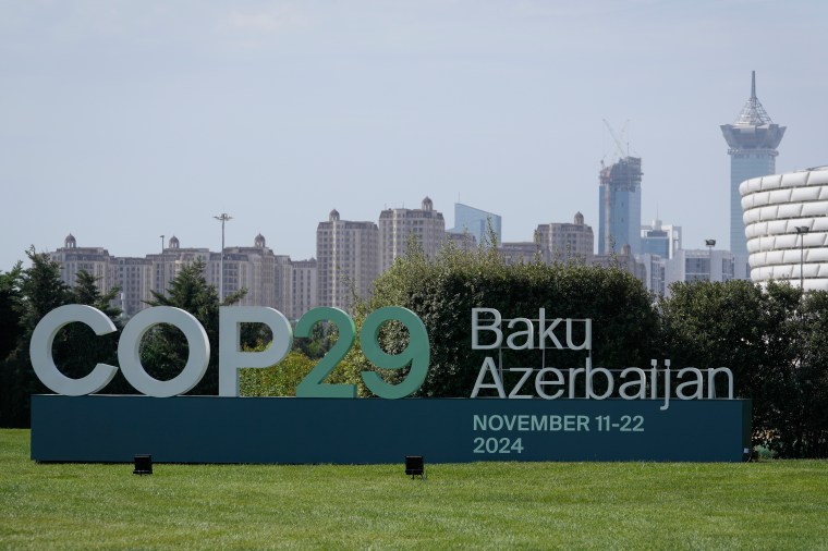 A sign for COP29, the United Nations Climate Change Conference, on display in Baku, Azerbaijan, on September 16, 2024. (Photo: AP/Sergei Grits)