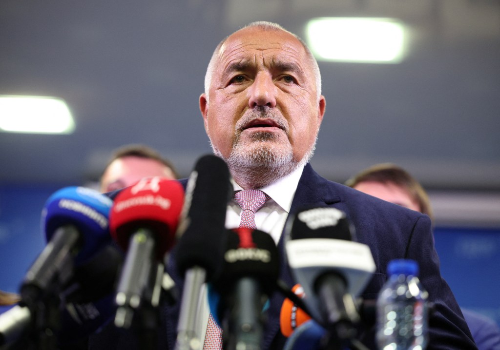 Boyko Borissov, former Bulgarian prime minister and leader of the center-right GERB party, speaks following exit polls in Sofia, Bulgaria, on October 27.