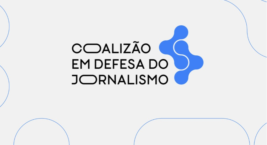 Graphic logo of "Coalition in Defense of Journalism," and the words COALIZÃO EM DEFESA DO JORNALISMO