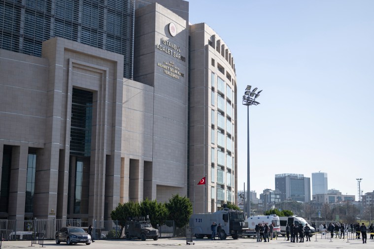 The Caglayan courthouse is seen in Istanbul on February 6, 2024. A Turkish court found five journalists guilty in a retrial on January 23, 2025. (Photo: AFP/Yasin Akgul)