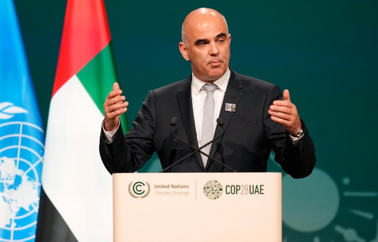 Alain Berset speaks at the COP28 U.N. Climate Summit in 2023, in Dubai, when he was Swiss President.