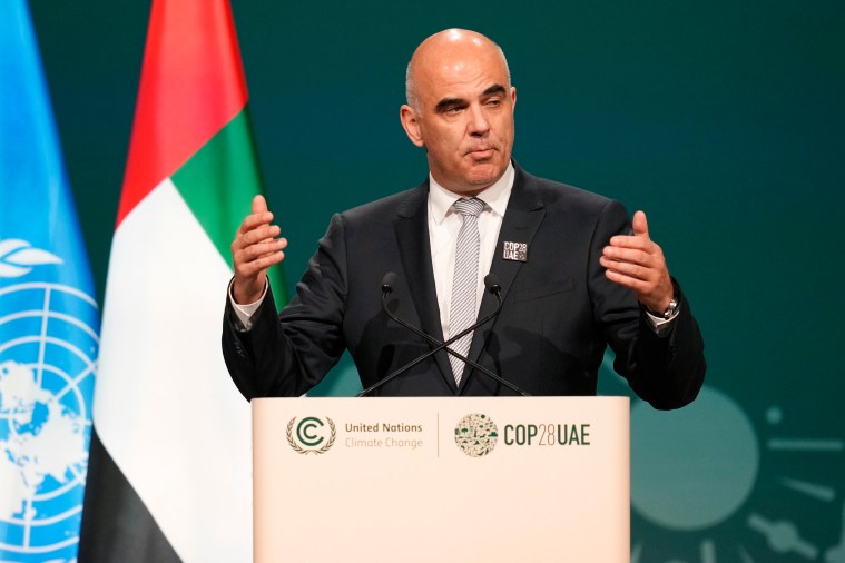 Alain Berset speaks at the COP28 U.N. Climate Summit in 2023, in Dubai, when he was Swiss President.