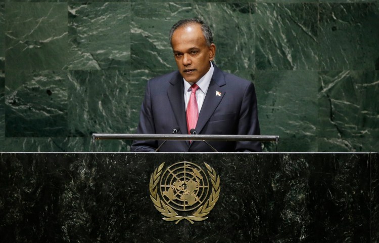 Singapore's Foreign Minister K. Shanmugam McCully addresses the 69th session of the United Nations General Assembly at U.N. headquarters on Monday, Sept. 29, 2014. (AP Photo/Frank Franklin II)