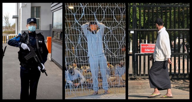 A police officer (left) stands at the entrance of a prison in western China's Xinjiang Uyghur Autonomous Region in April 2021. Blindfolded Palestinian prisoners captured in Gaza are seen at a military detention facility in southern Israel in winter 2023 (center), and a view outside of Insein prison in Yangon, Myanmar, as relatives wait for the release of prisoners on January 4, 2024. (Photos, from left: AP/Mark Schiefelbein; Breaking the Silence via AP; AFP)