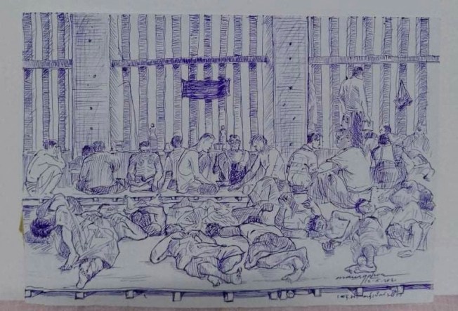 A smuggled sketch shows people inside of Myanmar's Insein prison in this undated picture obtained by Reuters. (Image: Uncredited via Reuters)