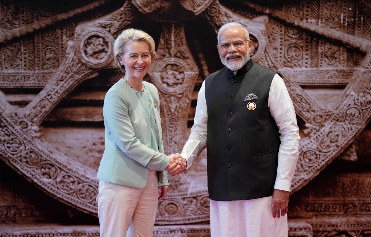 Indian Prime Minister Narendra Modi welcomes President of the European Union Ursula von der Leyen upon her arrival at the G20 Summit in New Delhi in 2023.