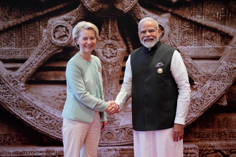 Indian Prime Minister Narendra Modi welcomes President of the European Union Ursula von der Leyen upon her arrival at the G20 Summit in New Delhi in 2023.