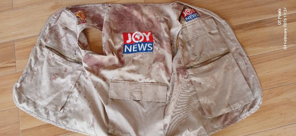 The bloodstained jacket of journalist Ohemeng Tawiah is shown. Armed men attacked Tawiah with stones and machetes after he and his camera operator joined a police team investigating allegations of illegal mining at a site in Ghana’s northern Ashanti region on December 20, 2024. (Photo: Courtesy of Tawiah)