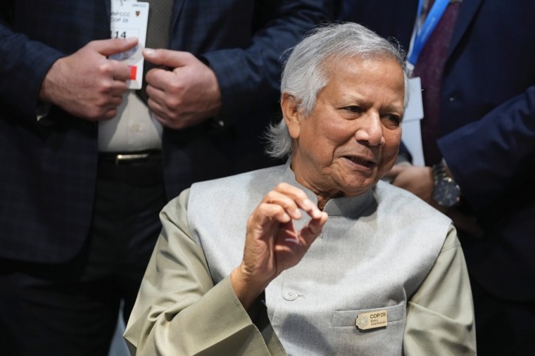 Muhammad Yunus, head of Bangladesh's interim government, speaks to members of the media at the COP29 U.N. Climate Summit on November 13, 2024, in Baku, Azerbaijan. (Photo: AP/Sergei Grits)