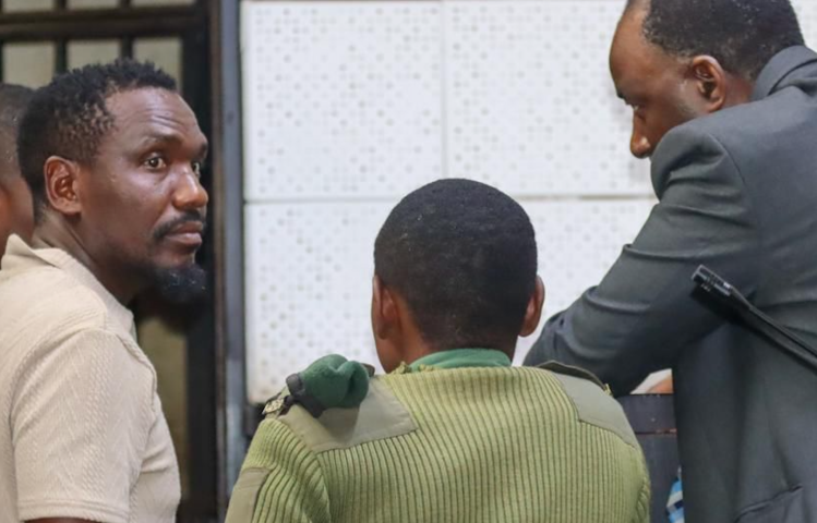 Journalist Blessed Mhlanga (left) in the capital's Harare Magistrates Court with his lawyer Chris Mhike (right) on February 25.