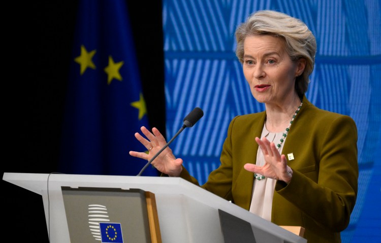 President of the European Commission Ursula von der Leyen addresses the media following a European Union Summit in Brussels on March 20, 2025. (Photo: AFP/John Thys)