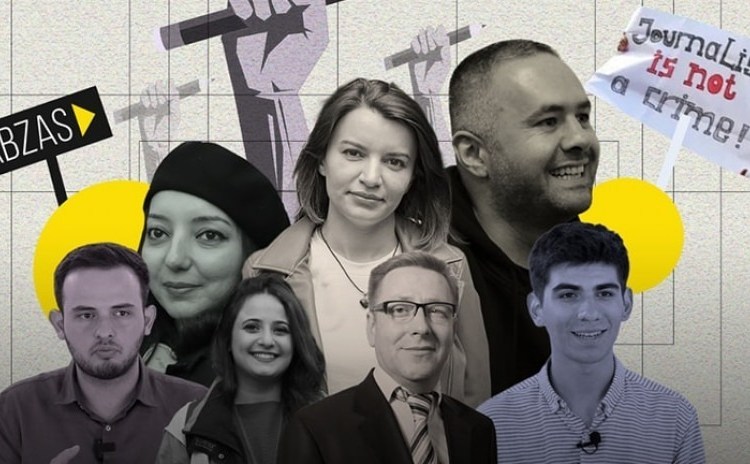 RFE/RL's Azerbaijani journalist Farid Mehralizada (left) and Abzas Media staff Elnara Gasimova, Nargiz Absalamova, Sevinj Vagifgizi, Hafiz Babali, Ulvi Hasanli, and Mahammad Kekalov are seen in this composite image published by Abzas Media.