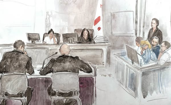 A courtroom sketch of journalist Mzia Amaglobeli's heariing on Monday, July 14, 2025. Amaglobeli is seen standing at far right. (Illustration: Ana Janelidze)