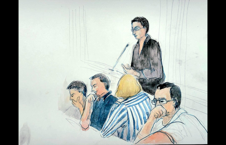A court sketch showing Georgian journalist Mzia Amaglobeli’s trial on July 14. Amaglobeli (standing) gives testimony during the hearing attended by CPJ and partners. (Image: Ana Janelidze)