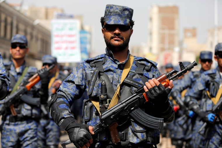 Members of a special security force loyal to the Houthi rebels take part in a military parade at the Tahrir Square in downtown Sanaa, Yemen July 19, 2017. REUTERS/Khaled Abdullah